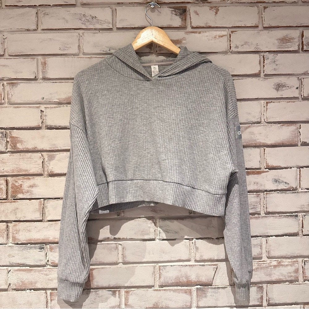 Alo Muse Cropped Gray Hoodie Hooded Sweatshirt